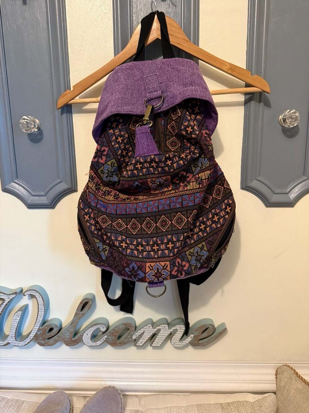 Boho Hippie Woven Tribal Aztec Pattern Backpack with Flap and Drawstring